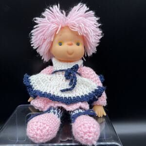 Vintage Doll Ice Cream Dumpling Face Crochet Pink Yarn Hair Dress Blue White